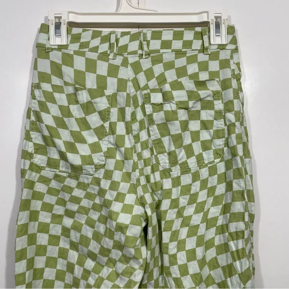 Zara High Waisted Checkered Straight Leg Linen Pants